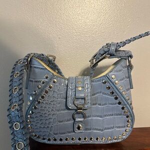 Blue Croc-Embossed Studded Shoulder Bag